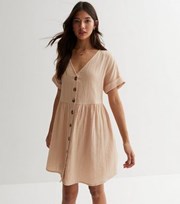 New Look Stone Button Front Mini Smock Dress